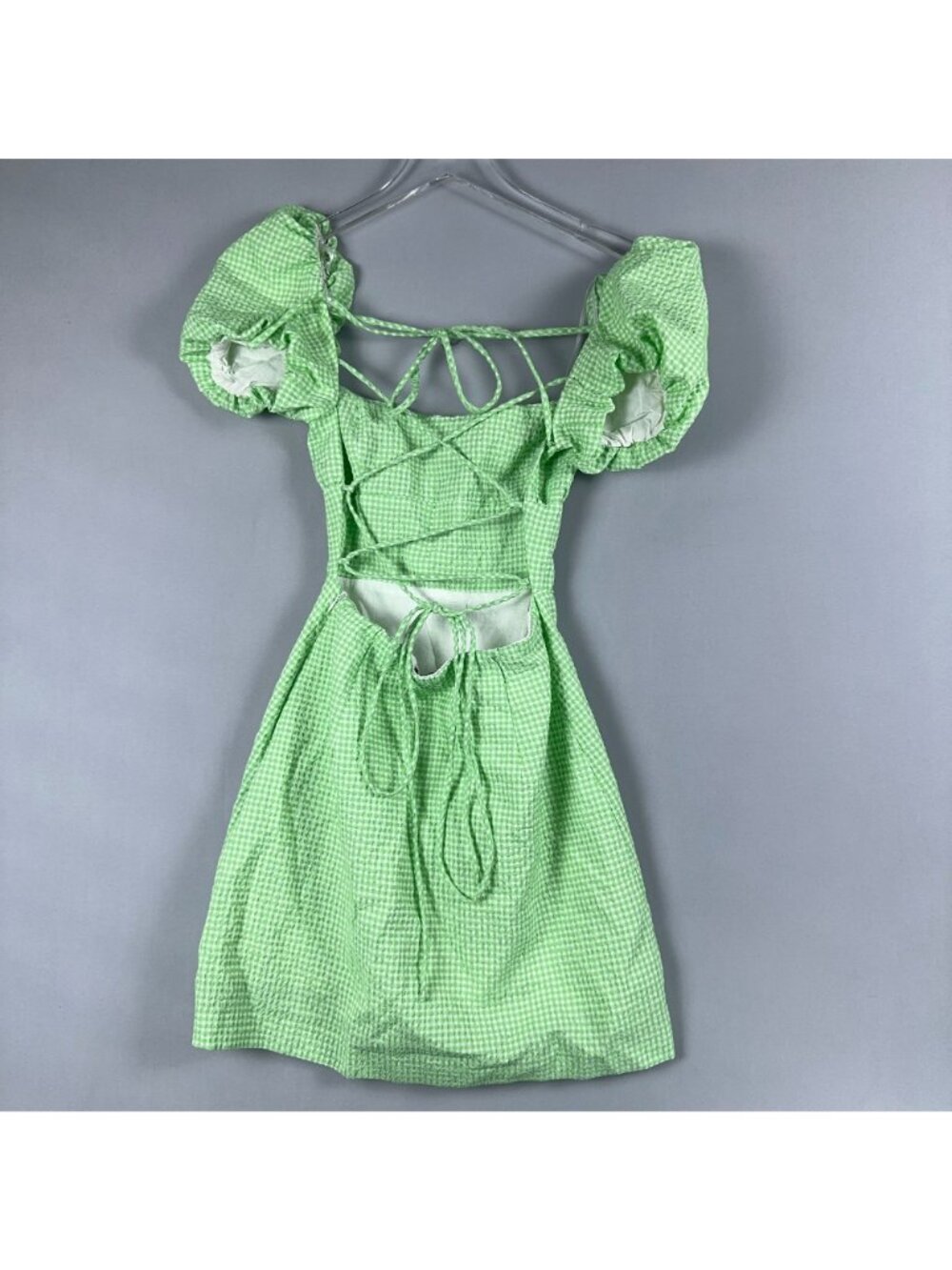 Zara Gingham Dress Size XS Mint Green Puff Sleeve Mini 100% Cotton Side Zipper - Picture 6 of 13